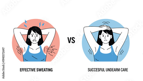 Educational illustration comparing effective sweating on the left with successful underarm hygiene care on the right side.