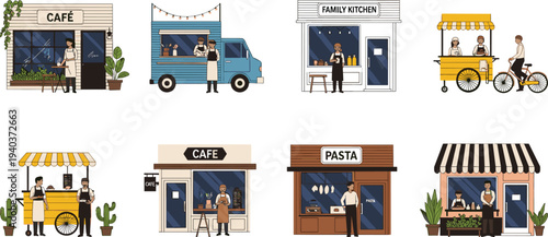 Food and beverage establishments illustration featuring cafes food trucks pasta shops and street carts representing diverse culinary business concepts