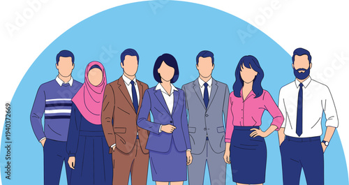 Diverse professional team illustration with business attire symbolizing workplace collaboration inclusivity corporate unity and organizational success