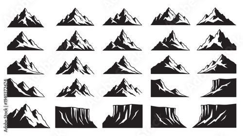 Set of 25 mountain icons vector, black and white