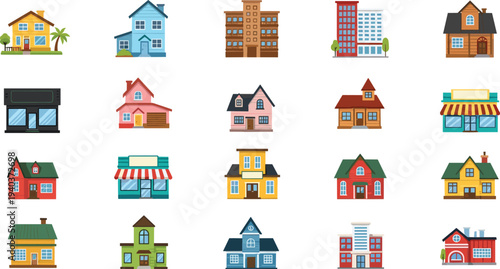 Illustrated diverse building collection featuring houses apartments commercial stores and public structures representing urban architecture and city design