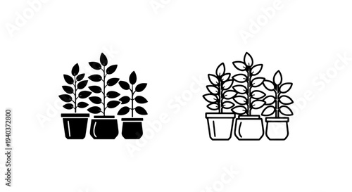 Three growing indoor plants in pots icon set for home gardening