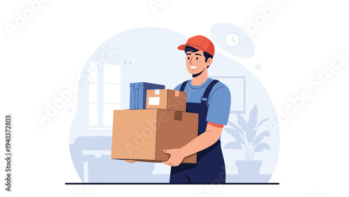 Friendly delivery man wearing a blue uniform and orange cap carrying a stack of cardboard boxes inside a bright apartment.