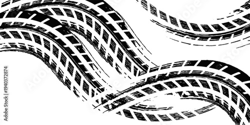 Grunge tire track. Tire tread or wheel braking track. Car and motorcycle tread pattern. Dirty grunge texture of wheel. Vector illustration.