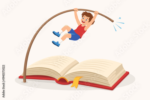 Happy child pole vaulting over a giant open book vector illustration. Concept of education, learning, imagination, and knowledge helping children reach new heights and achieve academic success.