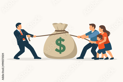 Businessman and Family Competing in Tug of War Over Large Money Bag, Concept of Financial Struggle, Corporate Greed vs Household Budget, Wealth Inequality and Economic Conflict Vector Illustration