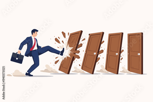 Businessman in a suit kicking down a series of wooden doors, breaking through obstacles and barriers to achieve success and career growth, flat vector illustration of determination and ambition.