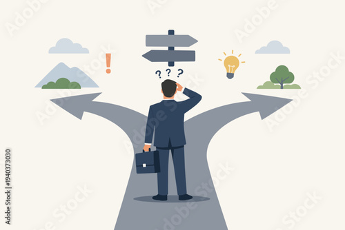 Confused Businessman in Suit with Briefcase Standing at a Crossroads Fork in the Road Making a Difficult Career Choice or Business Decision Between Two Paths with Lightbulb and Exclamation Icons.