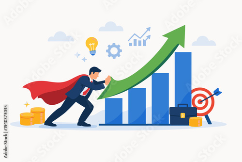 Businessman Superhero Pushing Upward Green Arrow on Bar Chart for Business Growth, Profit Increase, Investment Success, Financial Revenue Growth, Leadership Achievement, and Strategic Goals.