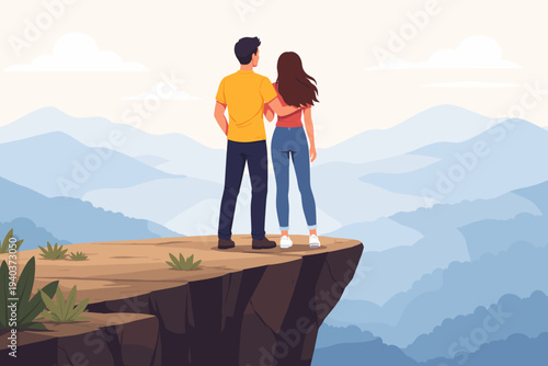 Flat vector illustration of a young couple, a man and a woman, standing together at the edge of a high cliff or abyss, looking out over a vast, misty mountain landscape at sunrise or sunset.