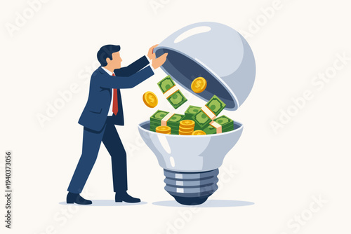 Businessman opening a lightbulb filled with money and gold coins. Vector illustration of a man in a suit discovering wealth inside an idea. Concept of profitable innovation and creative success.
