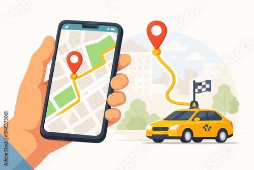 Vector Illustration of a Hand Holding a Smartphone with an Online Taxi Booking App, Showing a GPS Map Route with Location Pins and a Yellow Cab in a City Background for Transport Service Design.