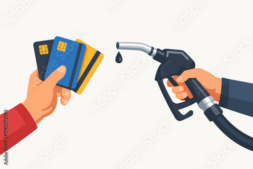 Vector Illustration of a Hand Holding Multiple Credit Cards Paying for Fuel from a Gas Pump Nozzle, Symbolizing Rising Energy Costs, Petrol Station Transactions, and Transportation Expenses.