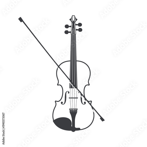 A black and white illustration depicting a violin and bow