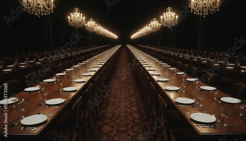 an endless luxurious dining hall with perfectly aligned long wooden tables repeating infinitely into darkness