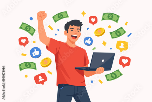 Happy man holding laptop celebrating financial success and social media popularity with flying dollar bills, gold coins, and like icons, flat vector illustration of online earning and wealth