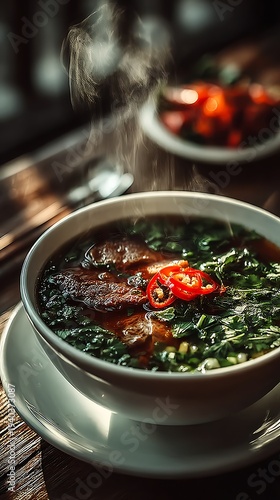 Wallpaper Mural Delightful steaming bowl of rich beef noodle soup garnished with fresh green herbs and red chili Torontodigital.ca