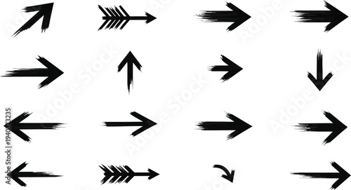 A collection of 16 black arrow icons on a white background