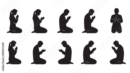Set of 9 praying people silhouettes vector