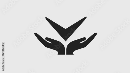 Black checkmark positioned above two silhouetted hands forming a gesture on a gray backdrop