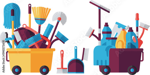 Colorful cleaning supplies illustration with mop broom bucket spray bottles gloves brush dustpan household sanitation equipment vector set isolated flat design collection
