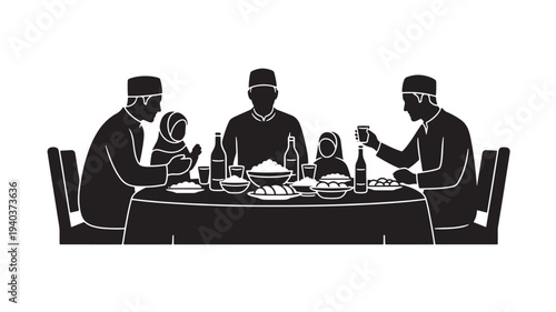 Vector illustration of family having dinner at table