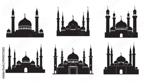 Set of 6 mosque silhouettes vector