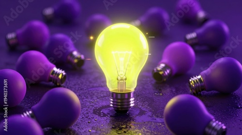 Unique yellow light bulb stands out among purple bulbs on a dark surface in a creative setting
