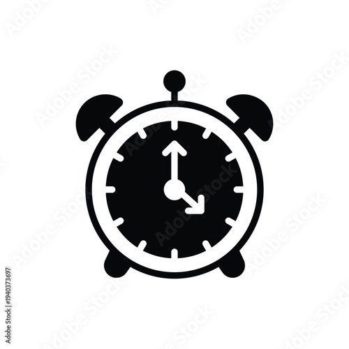 Black Alarm Clock Glyph Icon with Bell and Hands Showing Time - Simple Minimalist Vector Illustration