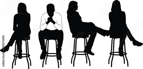 Group of Men and Women Silhouettes Sitting on Bar Stools in Casual Poses for Social Gathering Restaurant Bar and Lifestyle Conversation Concept Design Projects