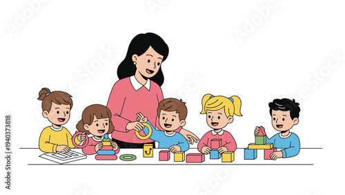 Kind teacher helping a group of diverse young children play with colorful building blocks and toys at a long white table.