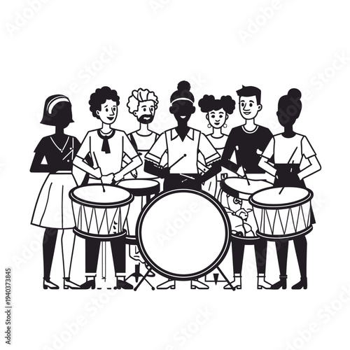 Diverse group of people enthusiastically playing drums together in monochrome