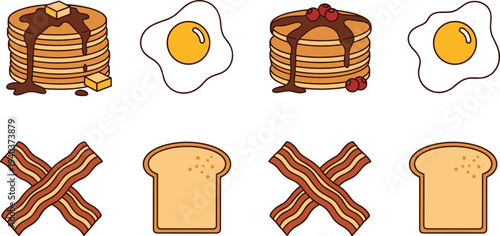 Hand-drawn breakfast food icon set featuring stack of pancakes with syrup, fried eggs, crispy bacon strips, and toasted bread slices on white background.