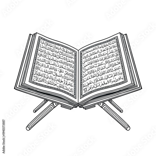 An open book with ornate text stands on a simple wooden easel