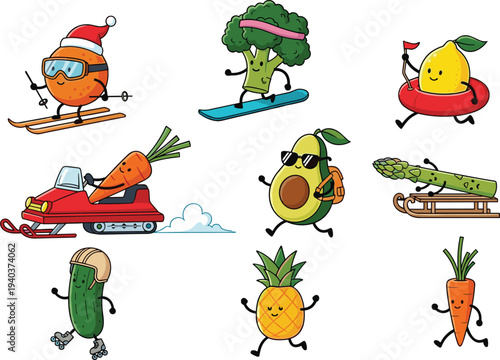 Cartoon fruits and vegetables vector set skiing, snowboarding, tubing, sledding, snowmobile riding, roller skating, walking, playful winter sports artwork illustration