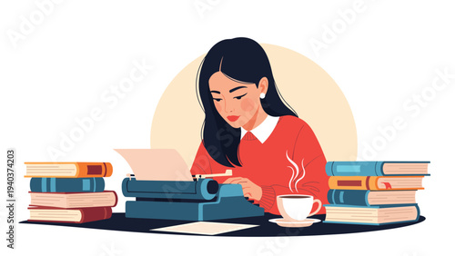 Focused woman sitting at a desk and typing on a vintage blue typewriter surrounded by large stacks of hardcover books.