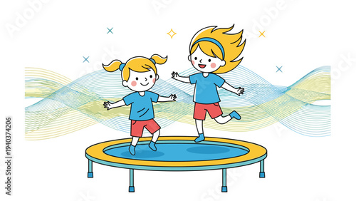 Two young girls having fun together while jumping and playing on a trampoline with colorful waves in the background.