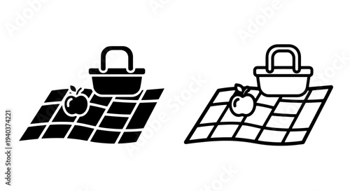 Picnic icons with basket and apple on a checkered blanket