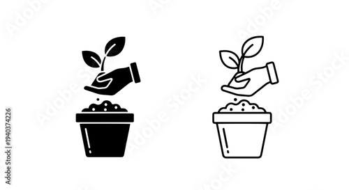 Gardening icons showing a hand planting a sprout in a flower pot
