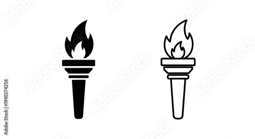 Torch Flame Icon Set with Solid and Outline Versions