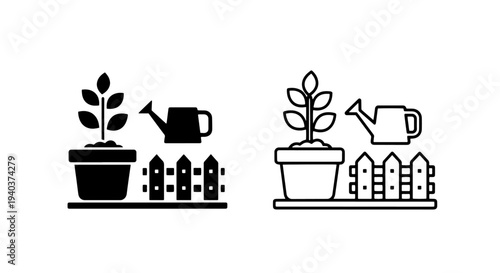 Gardening Icon Set with Potted Plant Watering Can and Fence