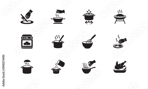 Collection of cooking process icons illustrating food preparation stages from chopping to serving a roasted chicken