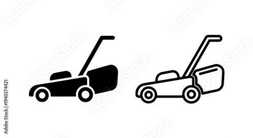 Push lawn mower icon set for grass cutting