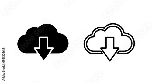 Cloud Download Icon Set with Solid and Thin Line Arrow Symbols