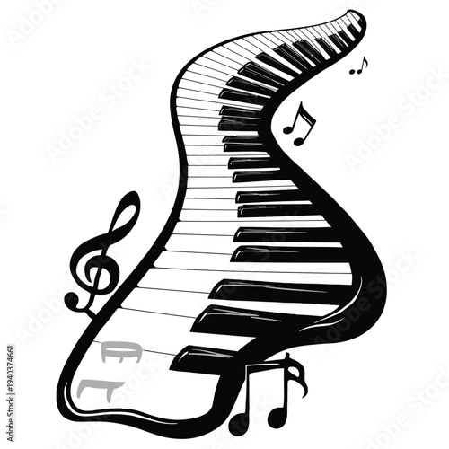 Stylized illustration of a harp shaped like a piano keyboard