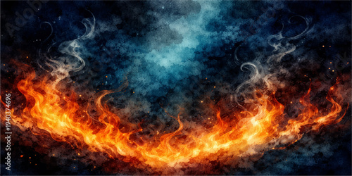 start_thought
Fiery flames and thick smoke burn against a black night background creating a hot orange inferno with a high energy explosion of red and yellow light in a blaze of heat