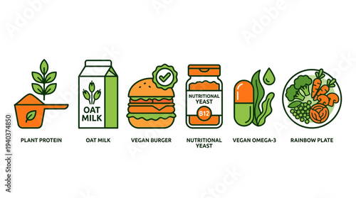 Set of icons illustrating vegan nutrition supplements and healthy diet
