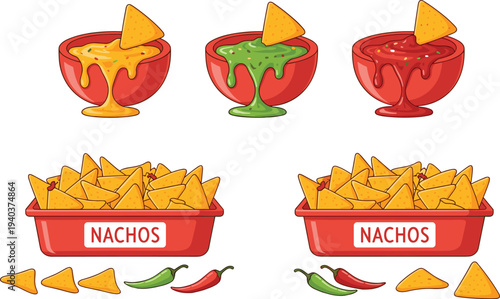 Cartoon nachos vector set with cheese sauce, guacamole, salsa bowls, chili peppers, snack chips, Mexican food party appetizer illustration artwork