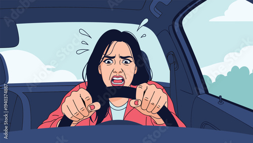 Terrified woman gripping the steering wheel while driving her car and looking shocked through the front windshield glass.
