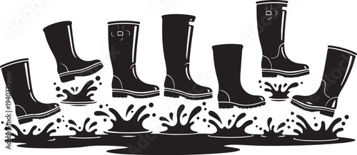 Black Rubber Boots Jumping into Water Splashes Illustration